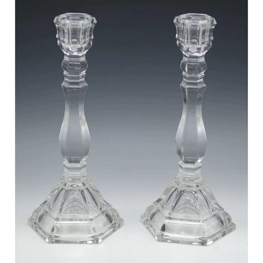 TIFFANY AND CO CRYSTAL HAMPTON 9" CANDLESTICK CANDLE HOLDER PAIR MADE IN GERMANY